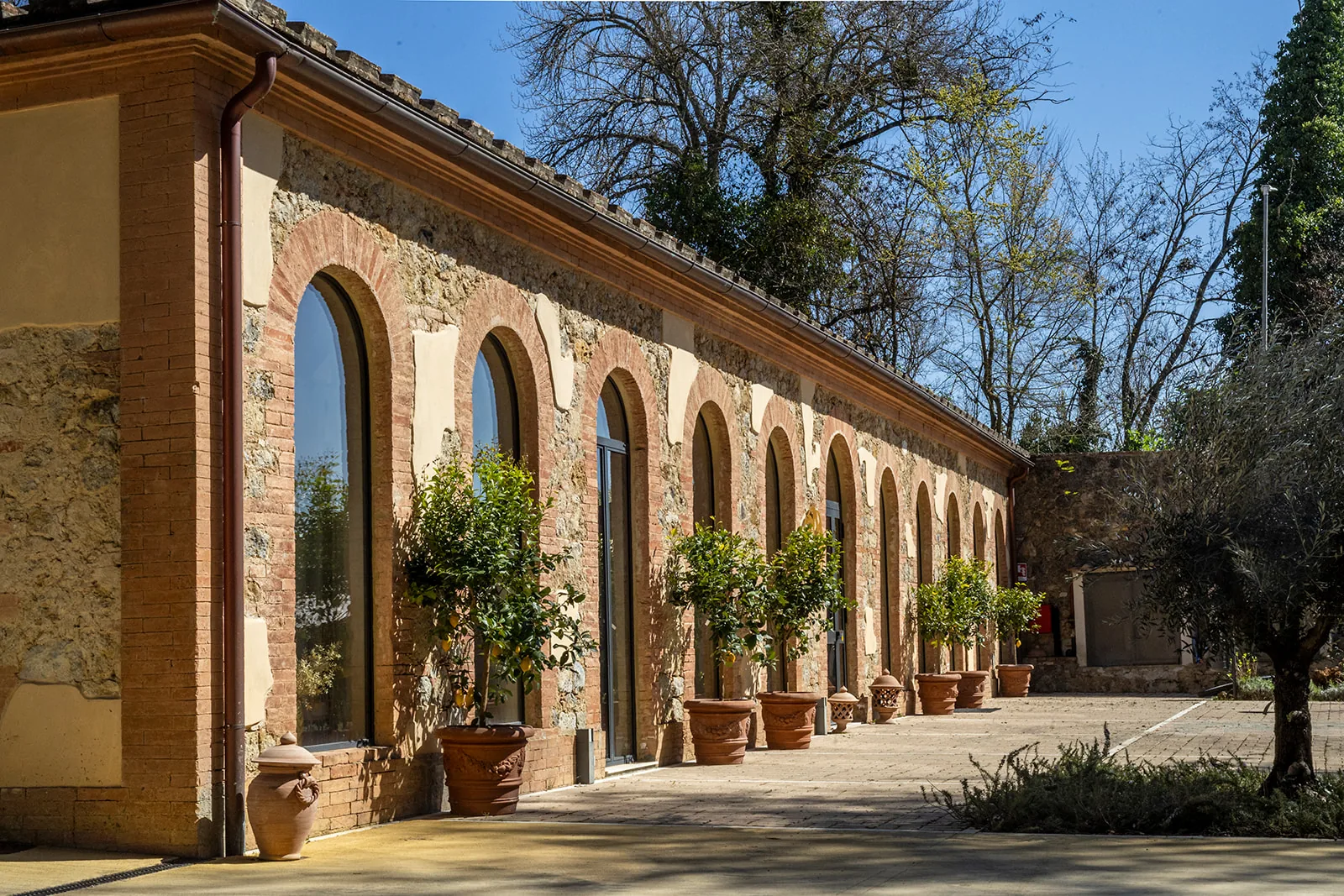 The brick arches of the limonaia beside the Guild Siena lawn